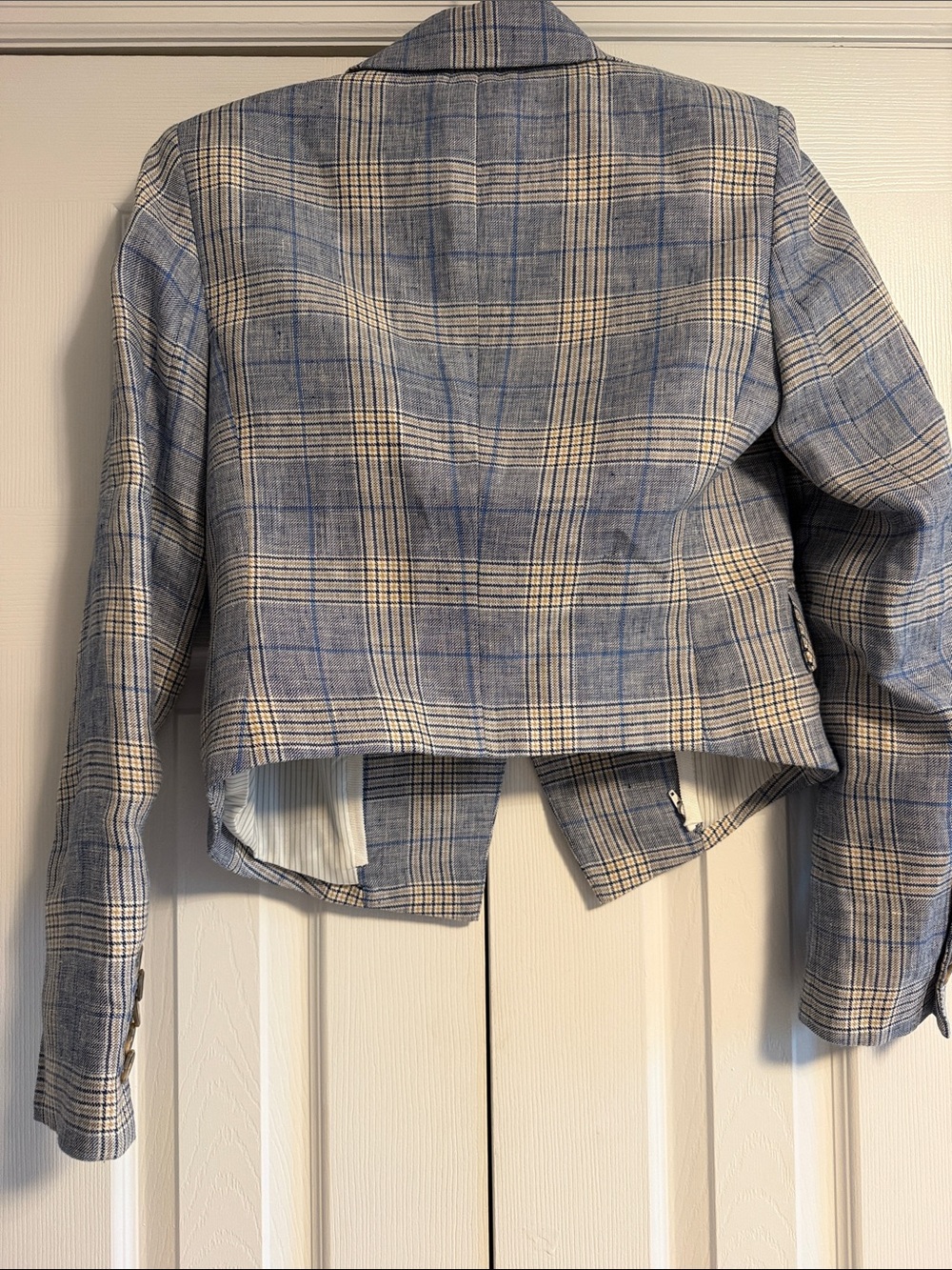 Veronica Beard Cropped Linen Blazer Blue White Tan Plaid Size 4 | Shoulder Pads - Picture 6 of 7